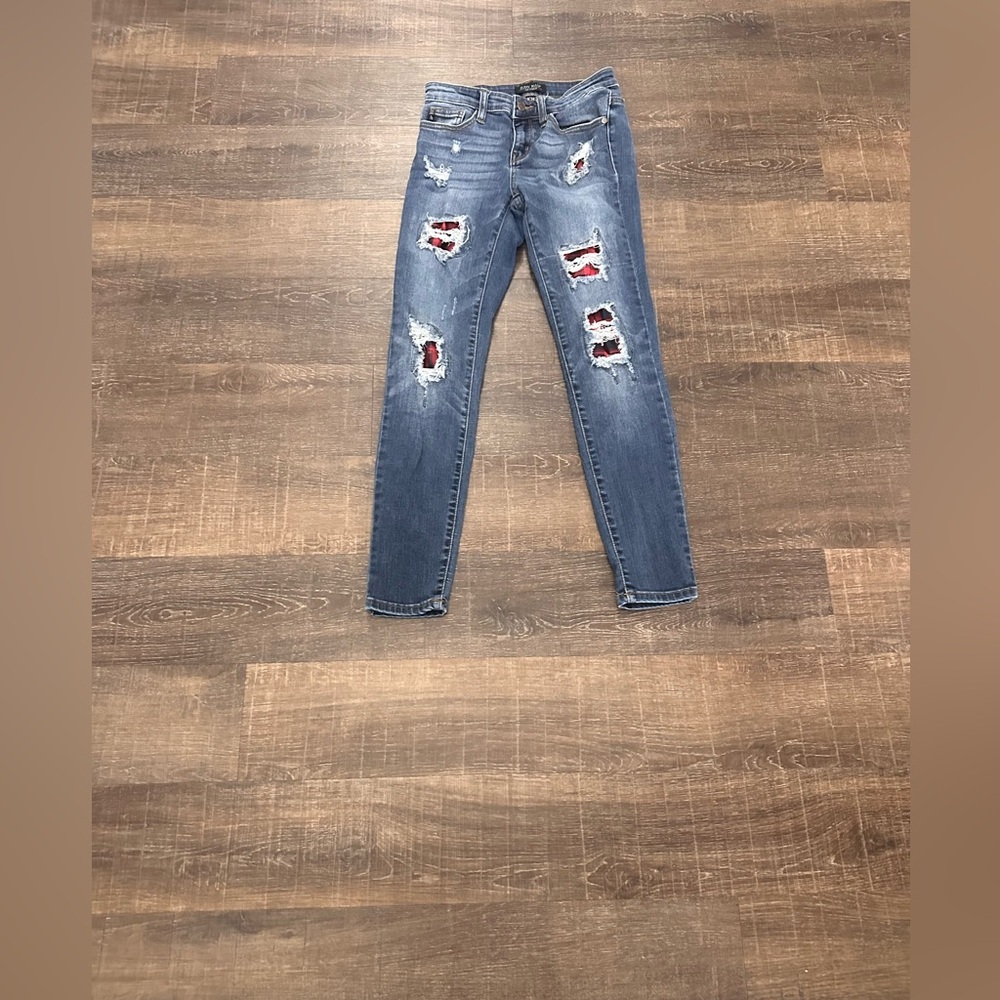 Judy Blue Jeans Womens Blue Skinny Buffalo Plaid Distressed Stretch Denim Size 3